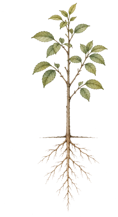 A watercolor seedling with its roots already visible below the ground line